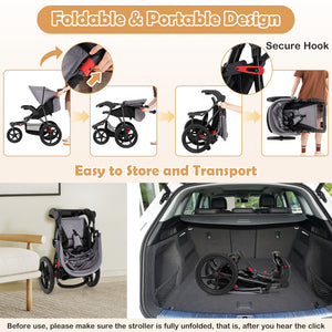 Foldable Jogging Stroller with Detachable Tray and Air-Filled Rubber Tires-Gray