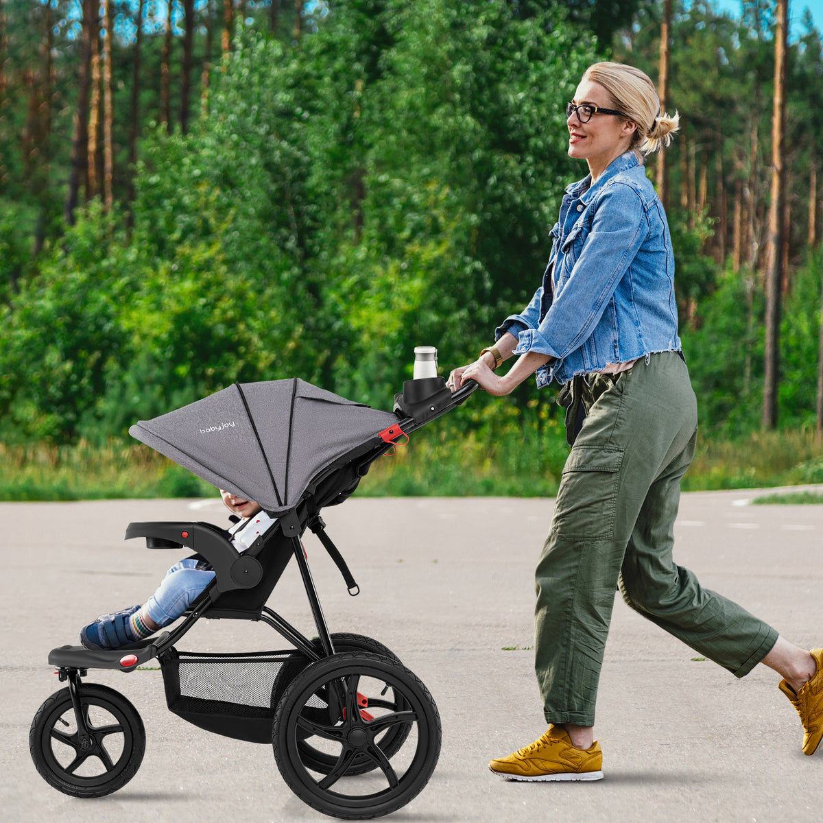 Foldable Jogging Stroller with Detachable Tray and Air-Filled Rubber Tires-Gray
