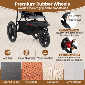 Foldable Jogging Stroller with Detachable Tray and Air-Filled Rubber Tires-Black