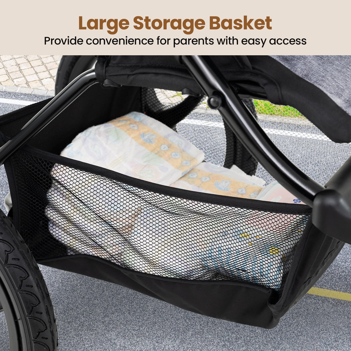 Foldable Jogging Stroller with Detachable Tray and Air-Filled Rubber Tires-Black