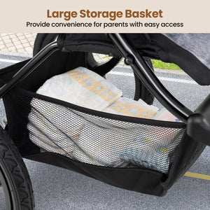 Foldable Jogging Stroller with Detachable Tray and Air-Filled Rubber Tires-Black