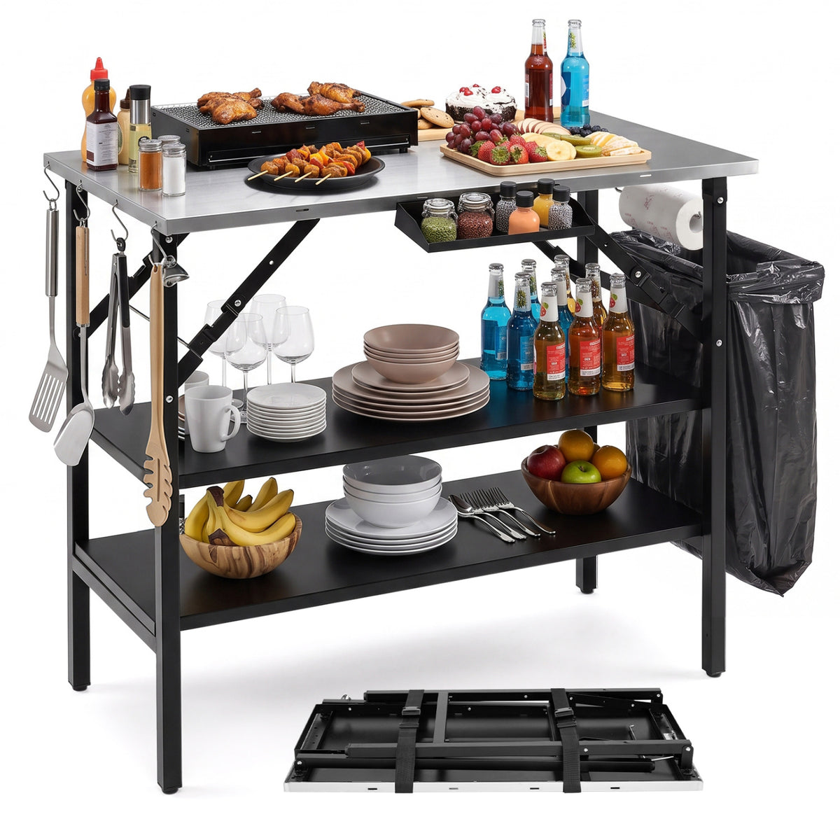 Foldable Outdoor Cook Station with Removable Shelves & Trash Bag Holder for Camping-Black
