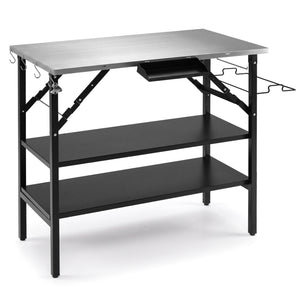 Foldable Outdoor Cook Station with Removable Shelves & Trash Bag Holder for Camping-Black