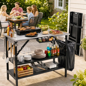Foldable Outdoor Cook Station with Removable Shelves & Trash Bag Holder for Camping-Black