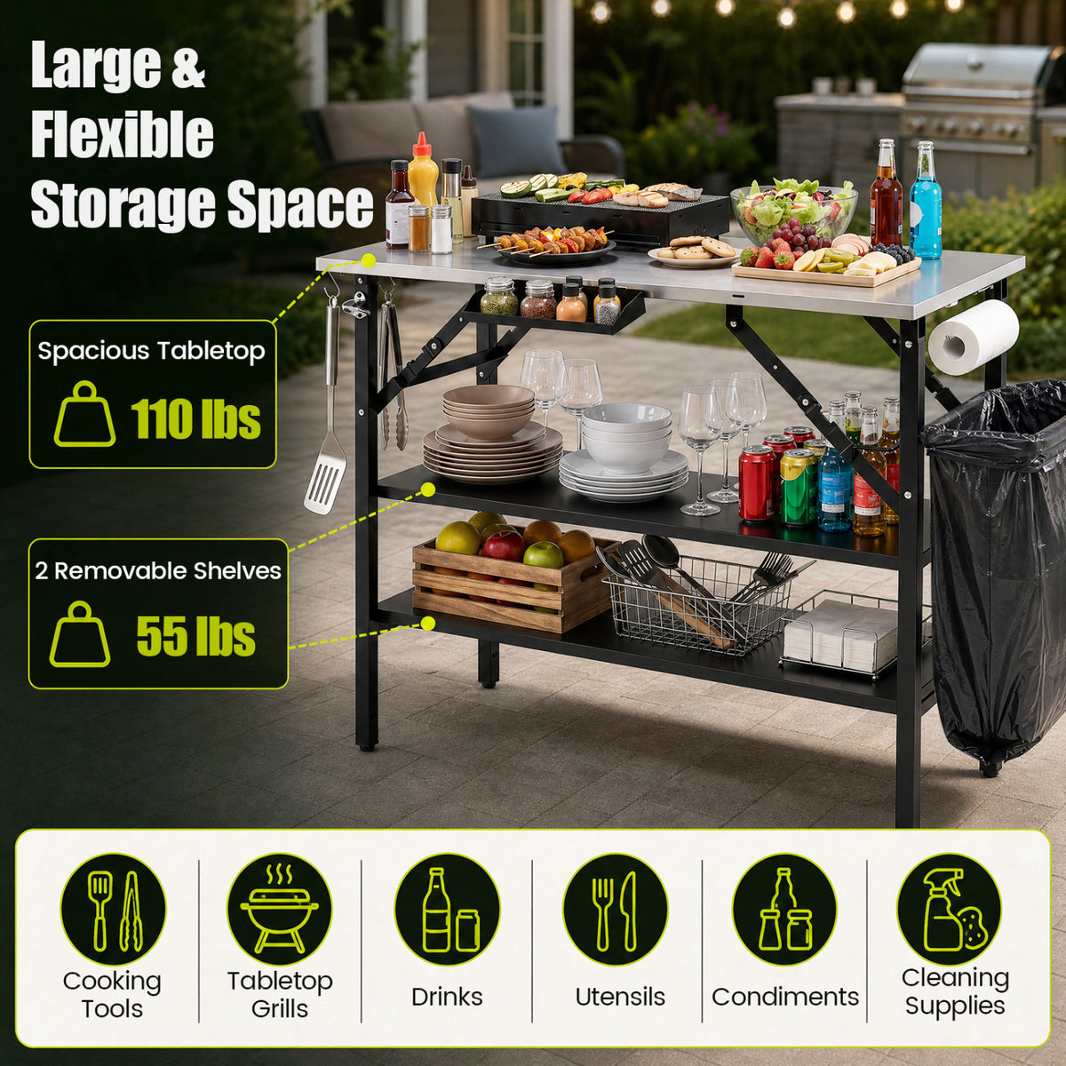 Foldable Outdoor Cook Station with Removable Shelves & Trash Bag Holder for Camping-Black