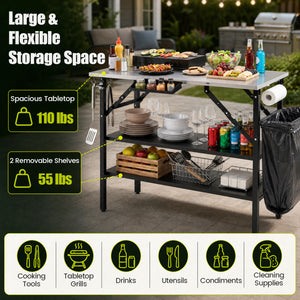 Foldable Outdoor Cook Station with Removable Shelves & Trash Bag Holder for Camping-Black