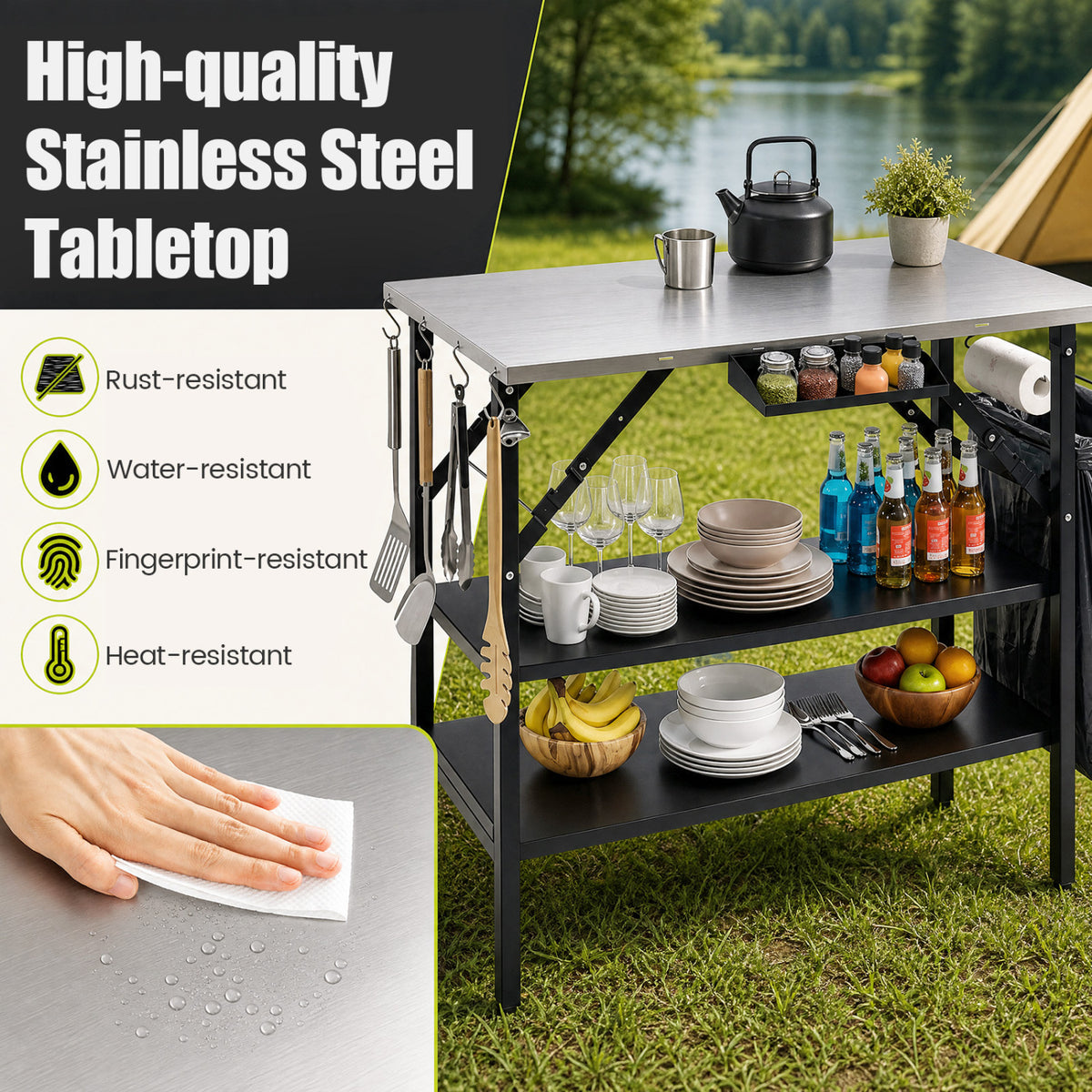 Foldable Outdoor Cook Station with Removable Shelves & Trash Bag Holder for Camping-Black