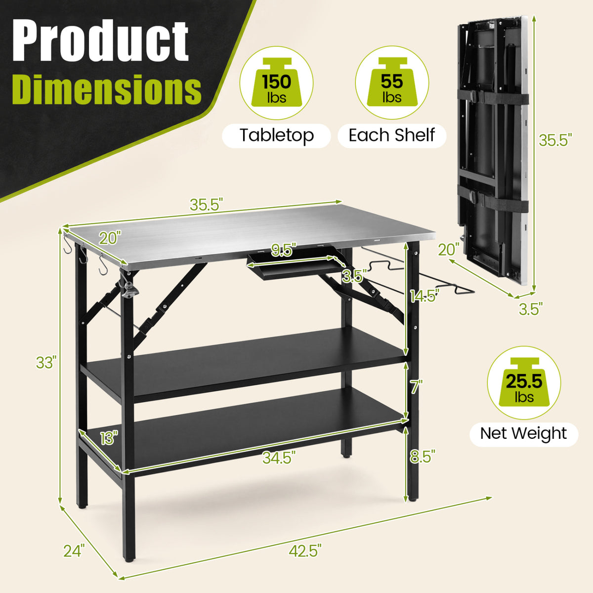 Foldable Outdoor Cook Station with Removable Shelves & Trash Bag Holder for Camping-Black