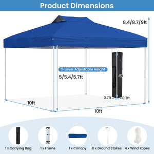 10 X 10 FT Foldable Outdoor Patio Shelter Canopy Tent with 1-Push Center Lock-Blue