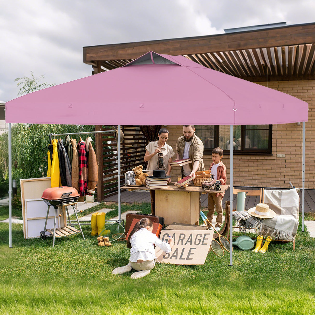 10 X 10 FT Foldable Outdoor Patio Shelter Canopy Tent with 1-Push Center Lock-Pink by DirectDeals