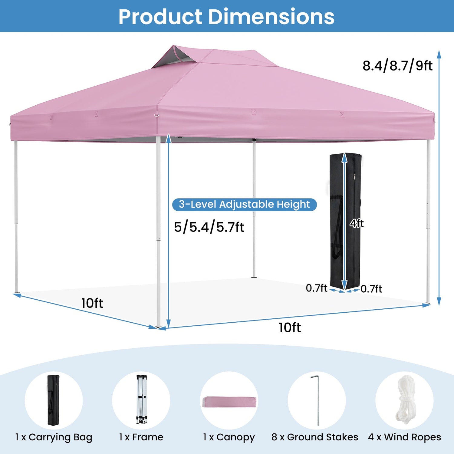 10 X 10 FT Foldable Outdoor Patio Shelter Canopy Tent with 1-Push Center Lock-Pink by DirectDeals