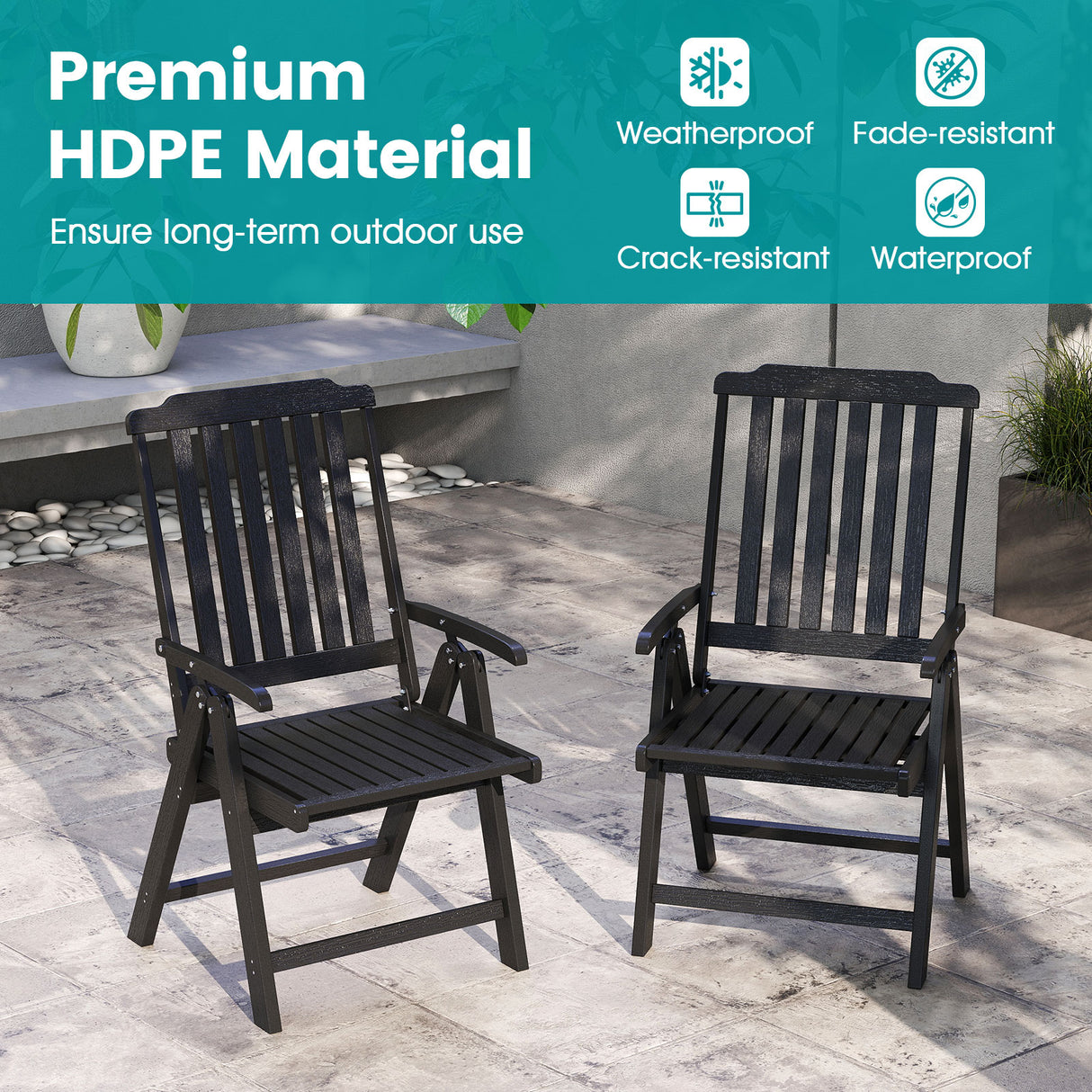 Foldable Patio Chair All-Weather HDPE Outdoor Dining Chair with Armrest-Black
