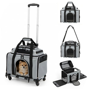 Foldable Pet Carrier with Wheels Airline Approved Rolling Cat and Dog Carrier-Grey