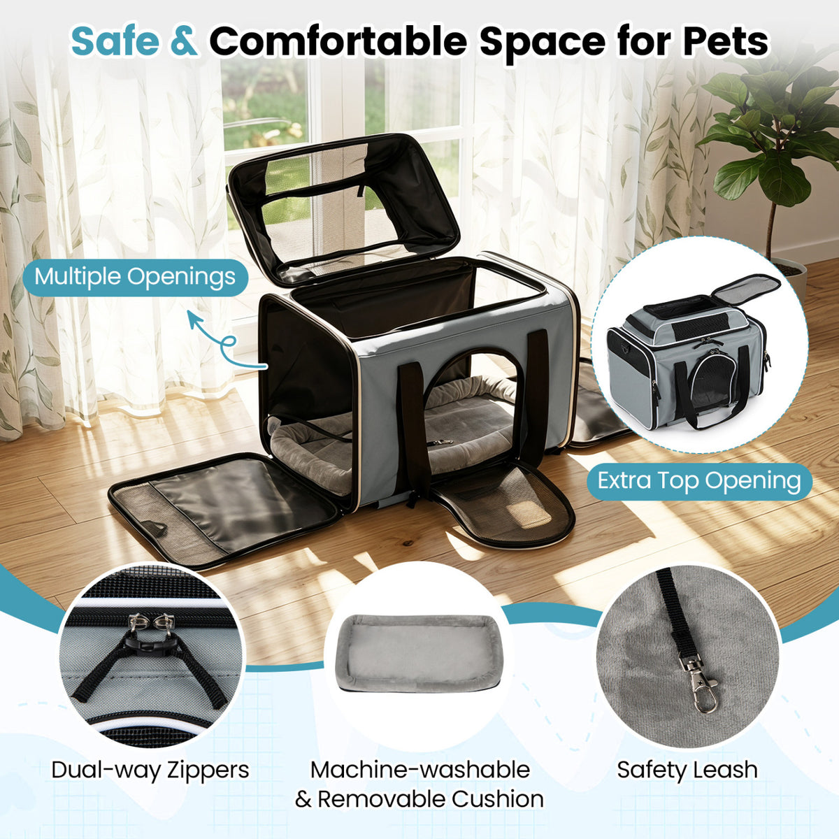 Foldable Pet Carrier with Wheels Airline Approved Rolling Cat and Dog Carrier-Grey