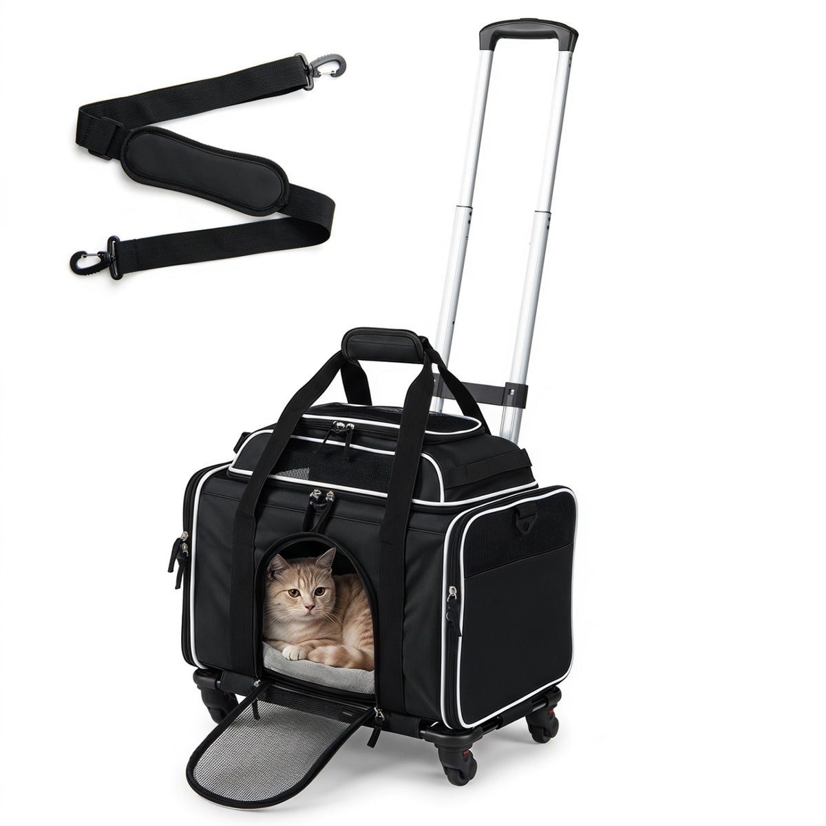 Foldable Pet Carrier with Wheels Airline Approved Rolling Cat and Dog Carrier-Black
