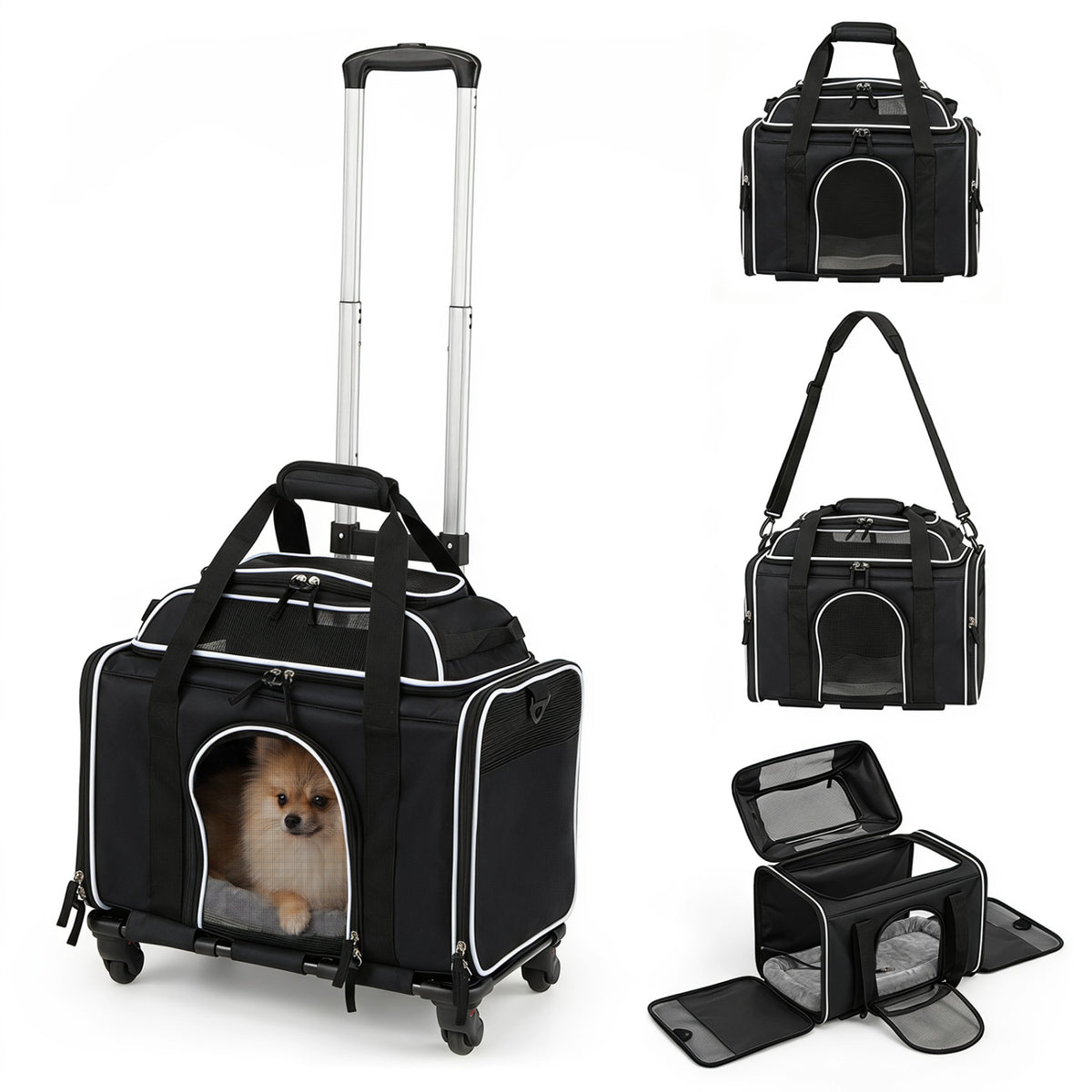 Foldable Pet Carrier with Wheels Airline Approved Rolling Cat and Dog Carrier-Black