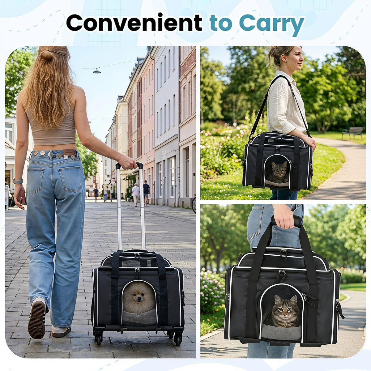 Foldable Pet Carrier with Wheels Airline Approved Rolling Cat and Dog Carrier-Black