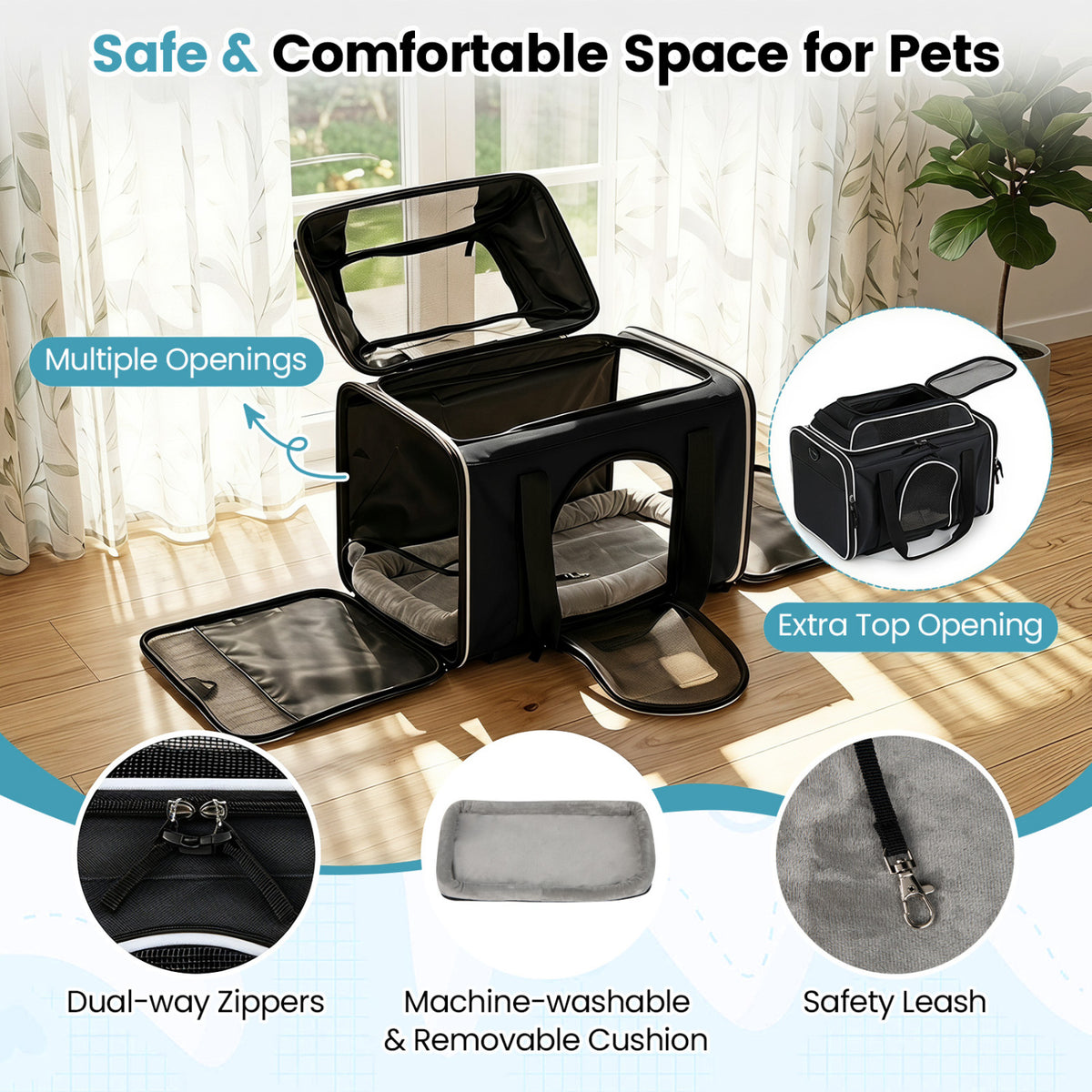 Foldable Pet Carrier with Wheels Airline Approved Rolling Cat and Dog Carrier-Black