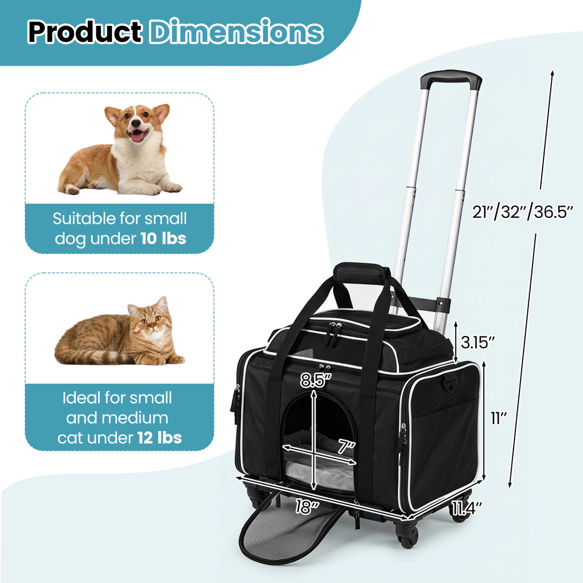 Foldable Pet Carrier with Wheels Airline Approved Rolling Cat and Dog Carrier-Black