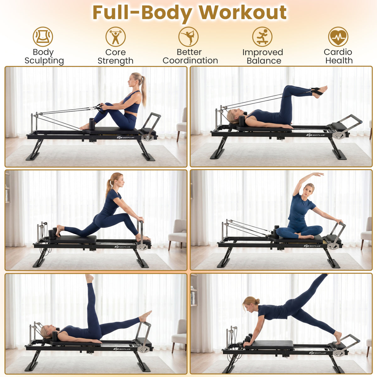 Foldable Pilates Reformer Machine for Home Gym Large Pilates Equipment-Black