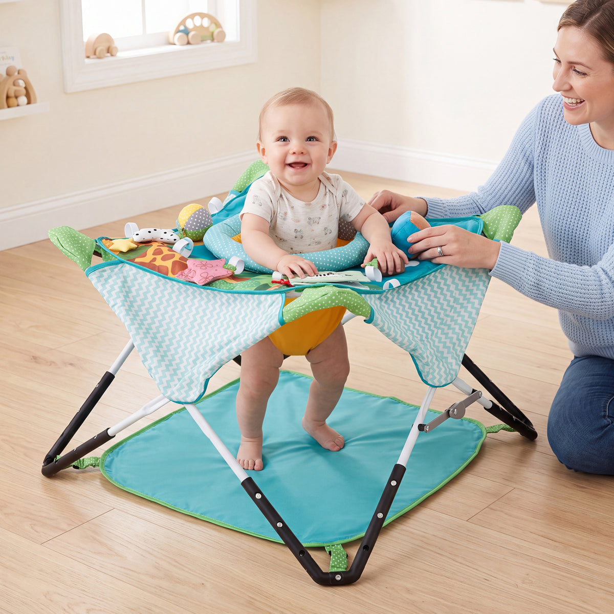 Foldable Portable Baby Jumper Indoor/Outdoor Infant Activity Center with Interactive Toys-Blue