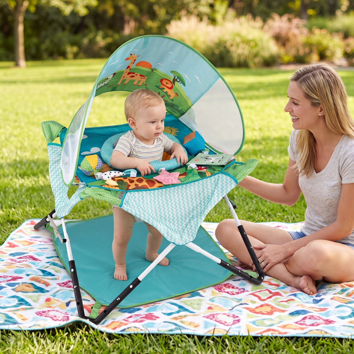 Foldable Portable Baby Jumper Indoor/Outdoor Infant Activity Center with Interactive Toys-Blue