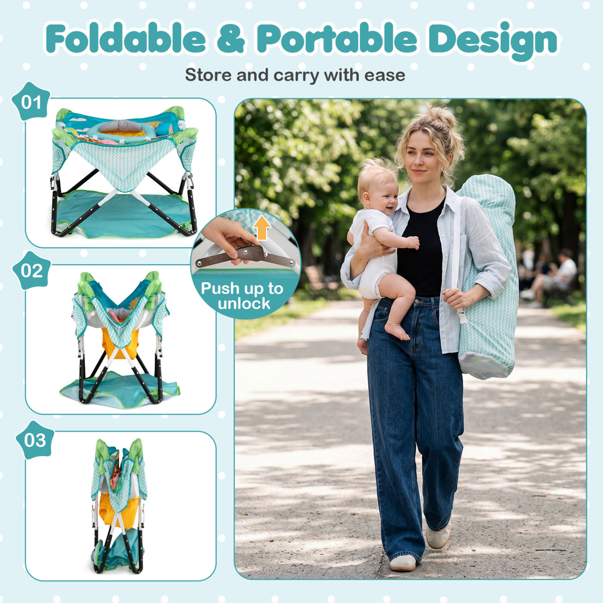 Foldable Portable Baby Jumper Indoor/Outdoor Infant Activity Center with Interactive Toys-Blue