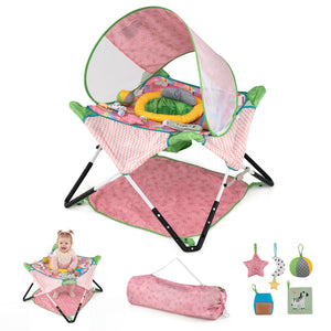 Foldable Portable Baby Jumper Indoor/Outdoor Infant Activity Center with Interactive Toys-Pink