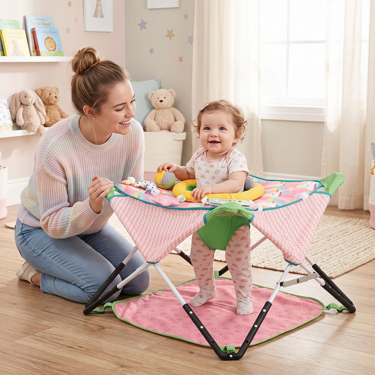 Foldable Portable Baby Jumper Indoor/Outdoor Infant Activity Center with Interactive Toys-Pink