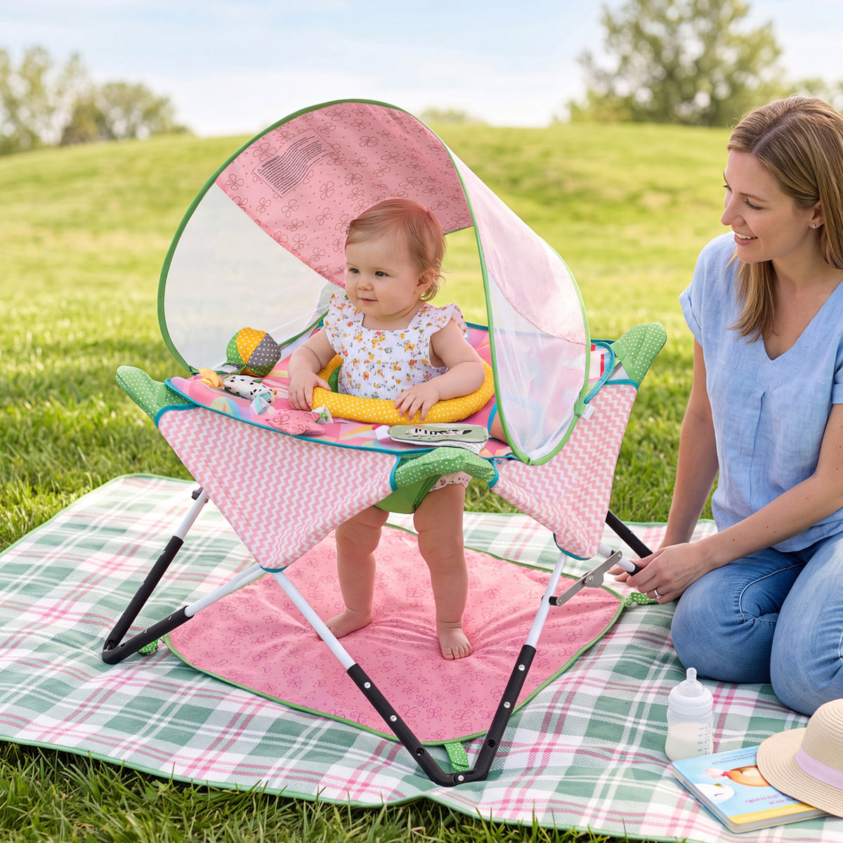 Foldable Portable Baby Jumper Indoor/Outdoor Infant Activity Center with Interactive Toys-Pink