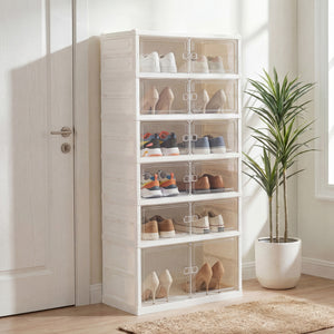 Foldable Shoe Rack Organizer 12-Pair 6-Tier Collapsible Shoe Cabinet-White
