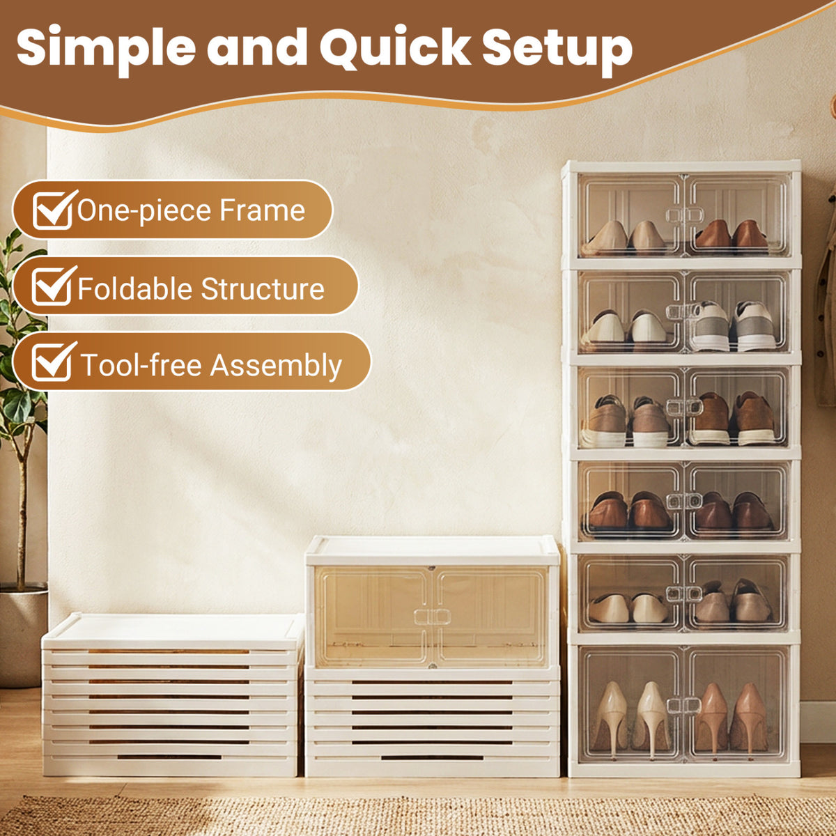 Foldable Shoe Rack Organizer 12-Pair 6-Tier Collapsible Shoe Cabinet-White