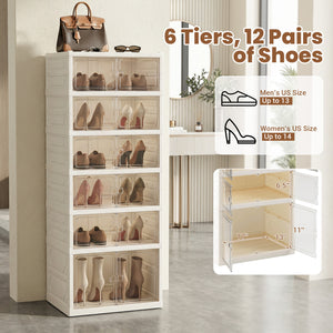 Foldable Shoe Rack Organizer 12-Pair 6-Tier Collapsible Shoe Cabinet-White