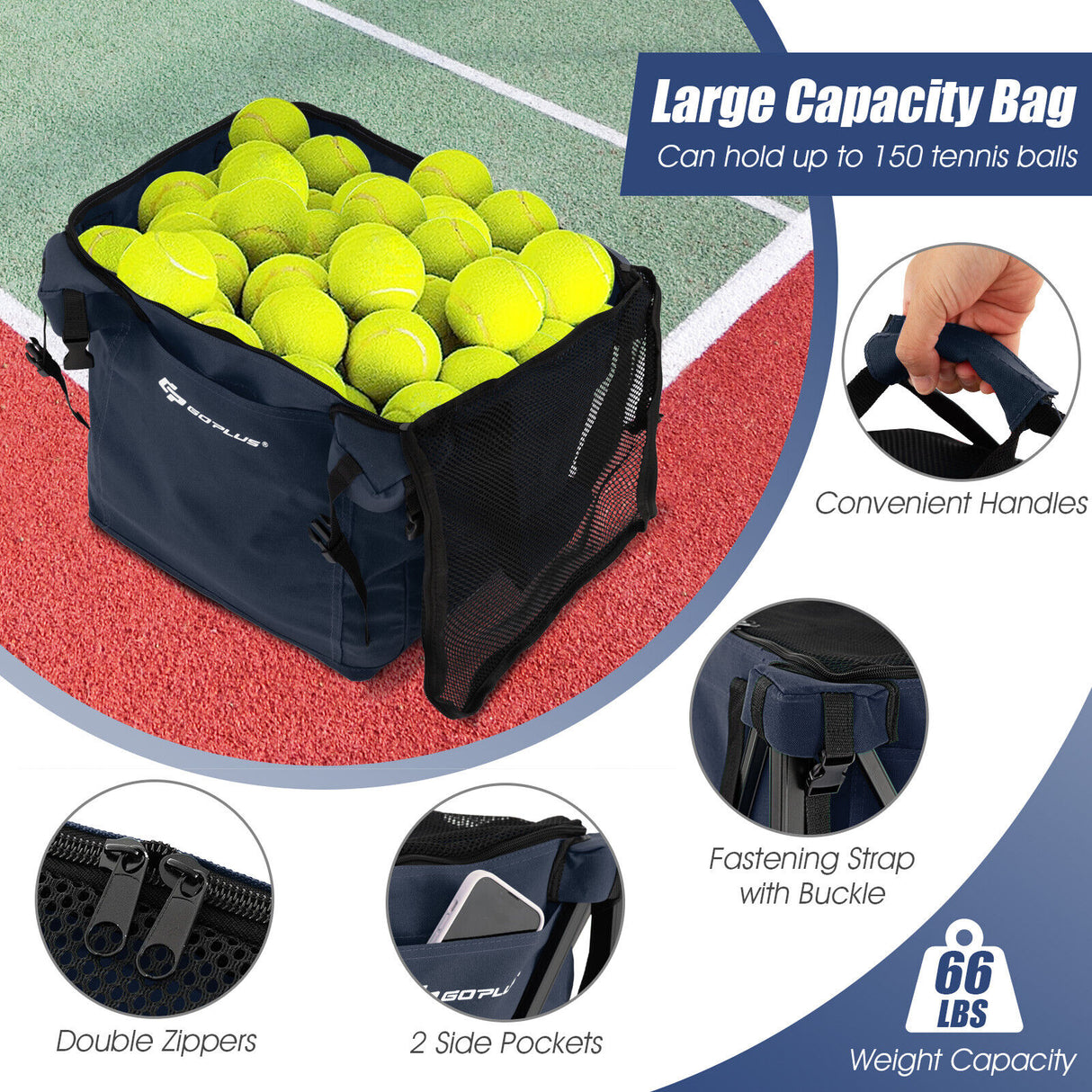 Lightweight Foldable Tennis Ball Teaching Cart with Wheels and Removable Bag-Blue