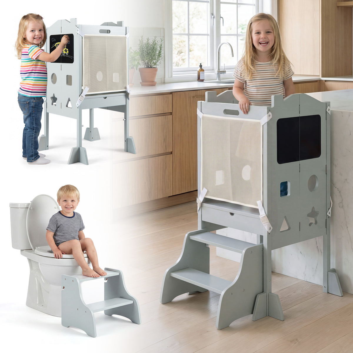 Foldable Toddler Step Stool with Chalkboards 2-Step Stool-Gray