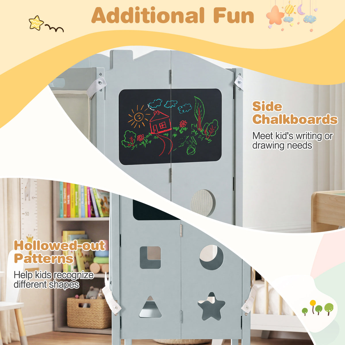 Foldable Toddler Step Stool with Chalkboards 2-Step Stool-Gray