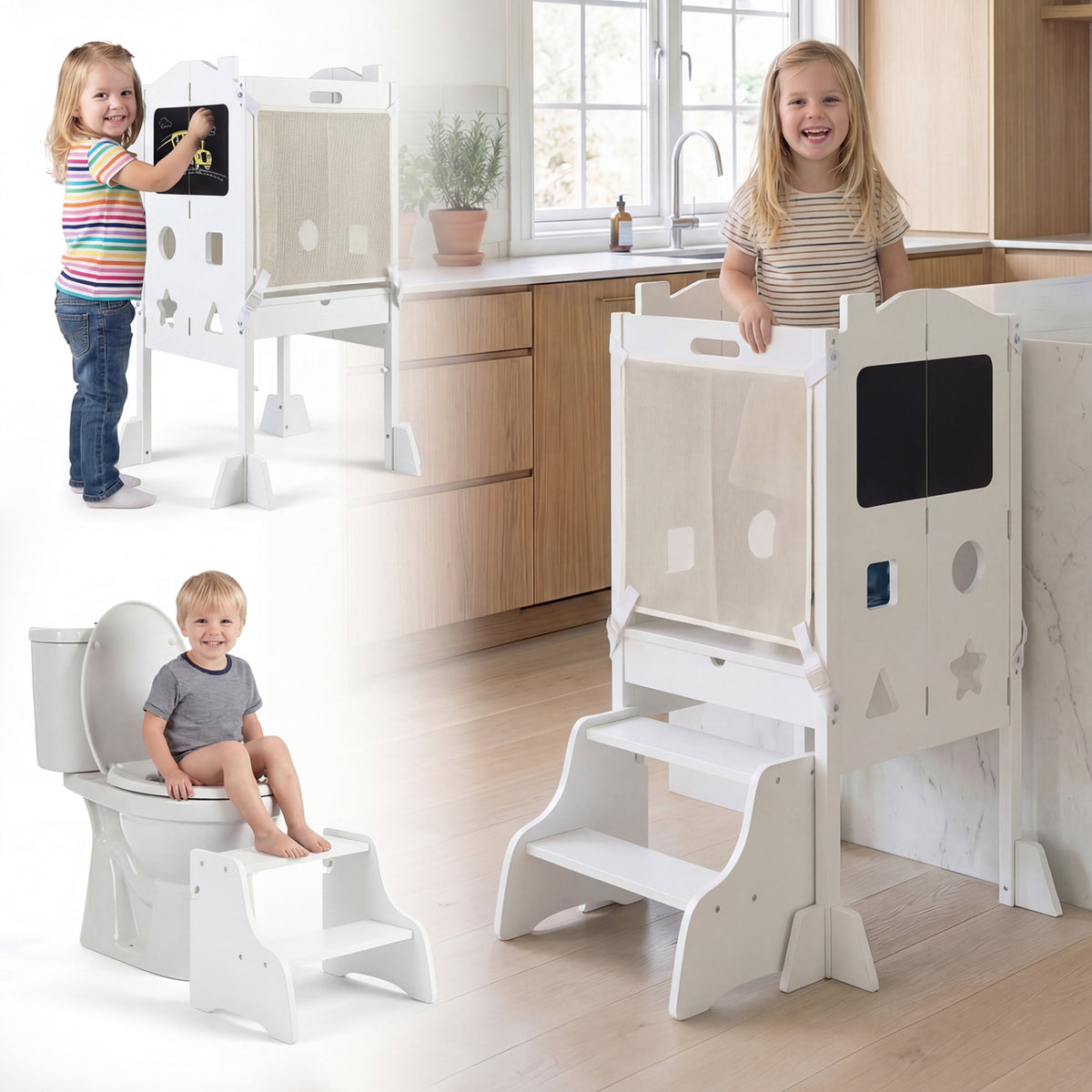 Foldable Toddler Step Stool with Chalkboards 2-Step Stool-White