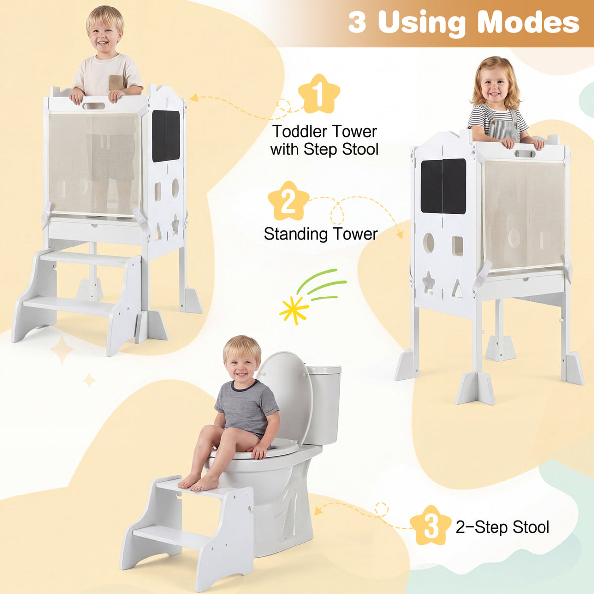 Foldable Toddler Step Stool with Chalkboards 2-Step Stool-White