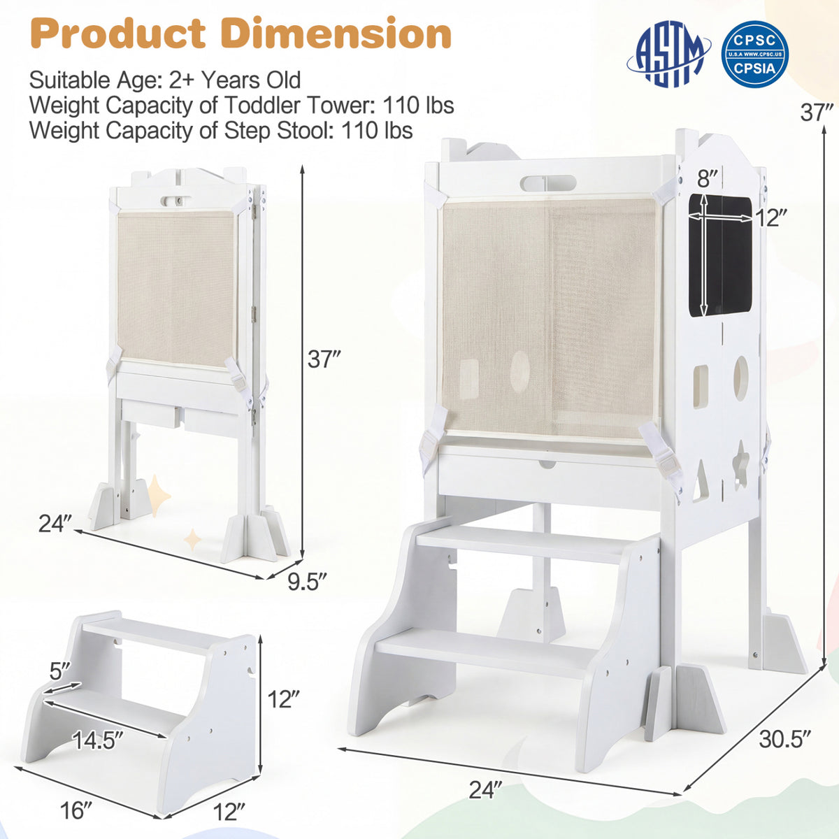 Foldable Toddler Step Stool with Chalkboards 2-Step Stool-White