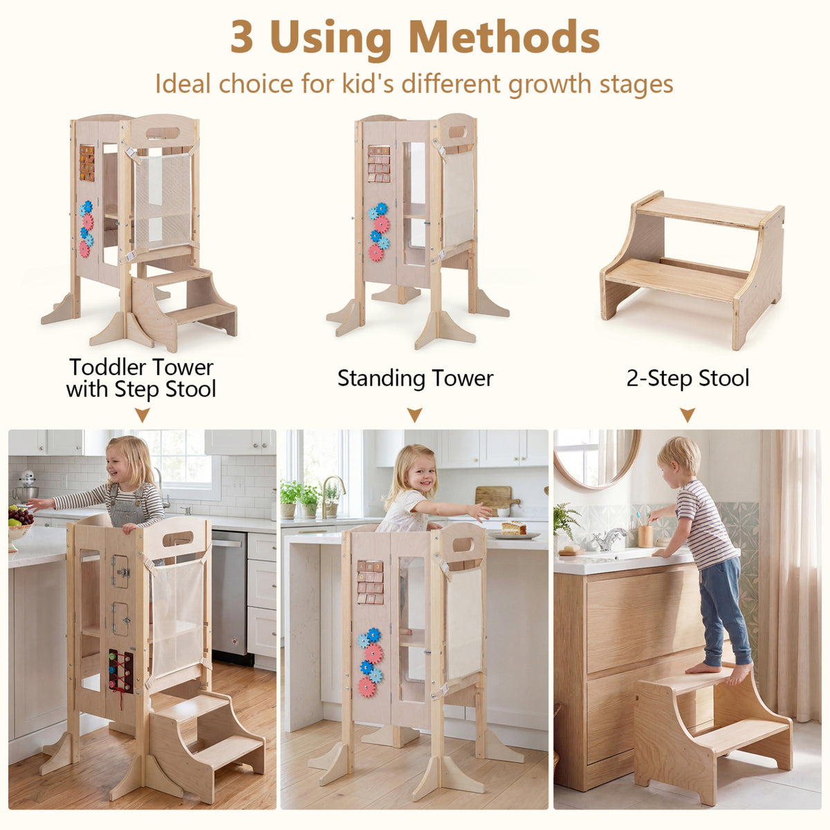 Foldable Toddler Step Stool Wooden Kitchen Standing Tower with 2-Step Stool