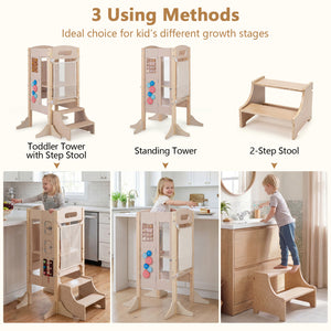 Foldable Toddler Step Stool Wooden Kitchen Standing Tower with 2-Step Stool