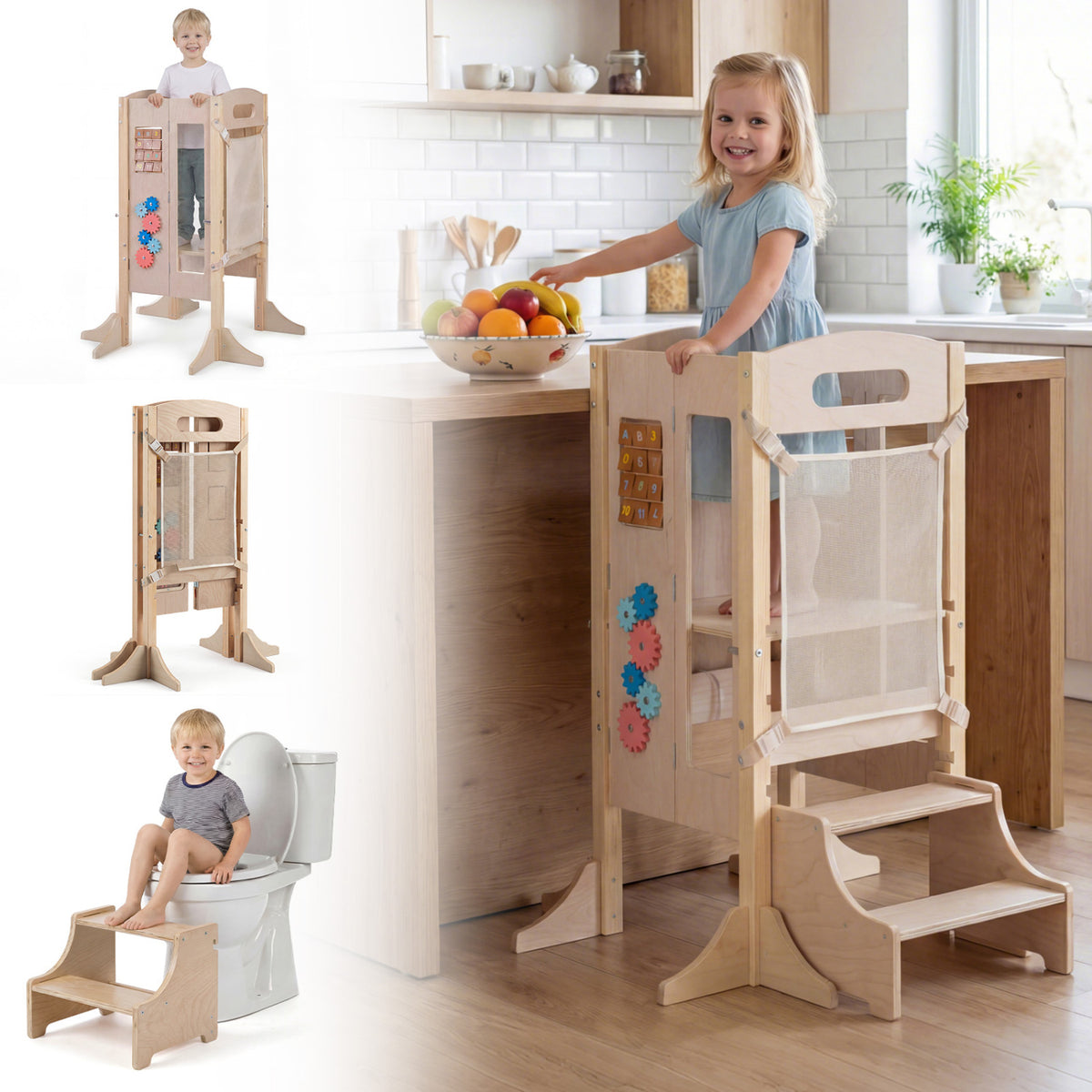 Foldable Toddler Step Stool Wooden Kitchen Standing Tower with 2-Step Stool