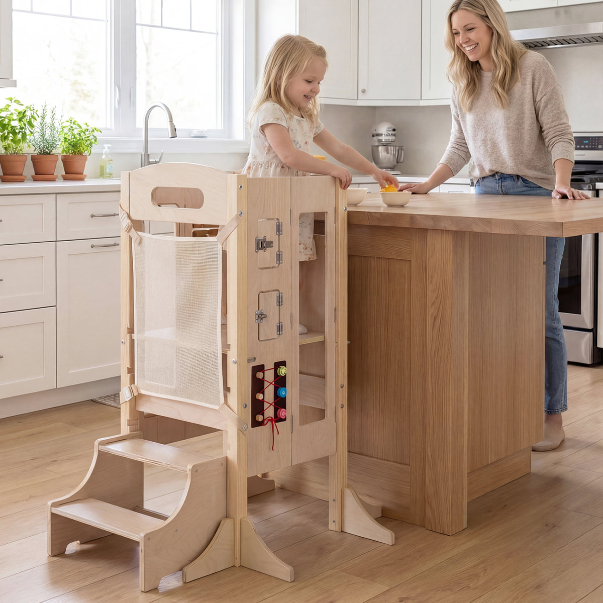 Foldable Toddler Step Stool Wooden Kitchen Standing Tower with 2-Step Stool