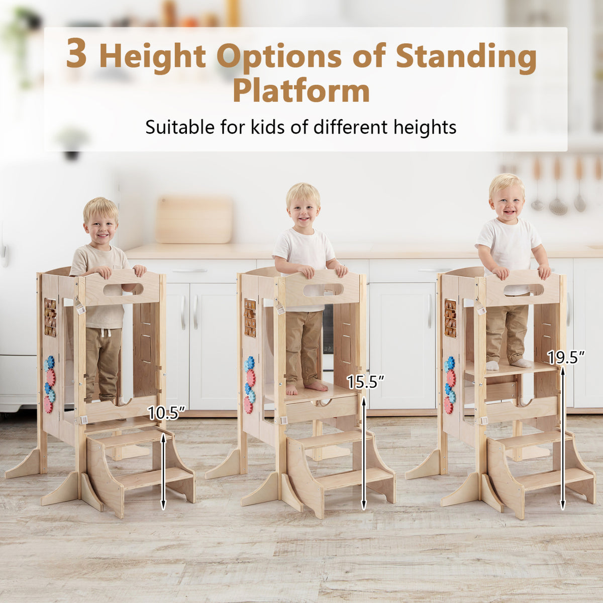 Foldable Toddler Step Stool Wooden Kitchen Standing Tower with 2-Step Stool