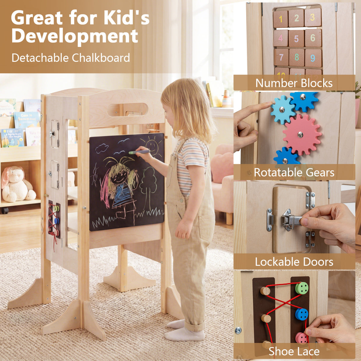 Foldable Toddler Step Stool Wooden Kitchen Standing Tower with 2-Step Stool