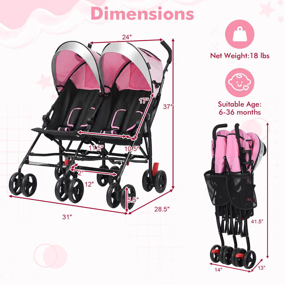 Foldable Twin Baby Double Stroller Ultralight Umbrella Kids Stroller-Pink