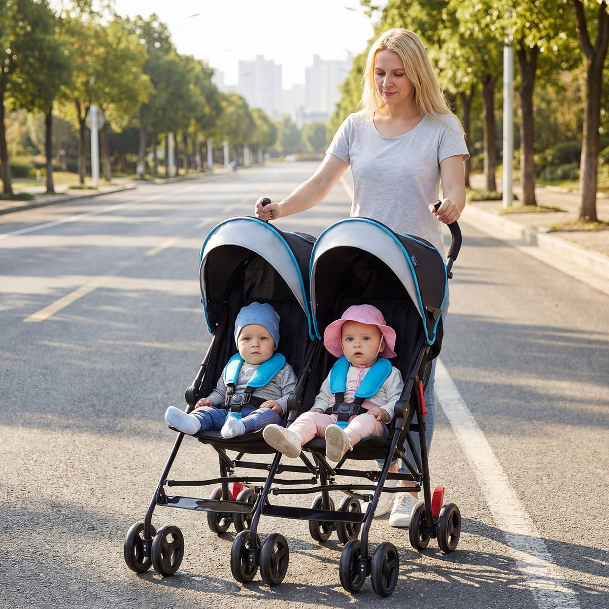 Foldable Twin Baby Double Stroller Ultralight Umbrella Kids Stroller-Navy