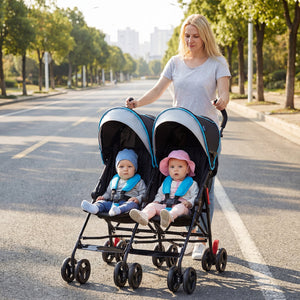 Foldable Twin Baby Double Stroller Ultralight Umbrella Kids Stroller-Navy