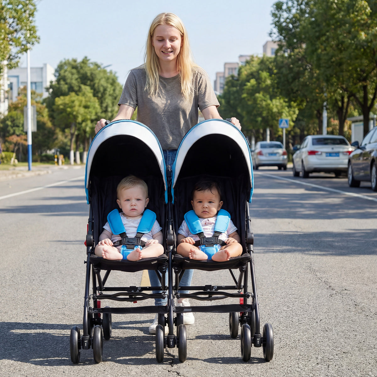 Foldable Twin Baby Double Stroller Ultralight Umbrella Kids Stroller-Navy