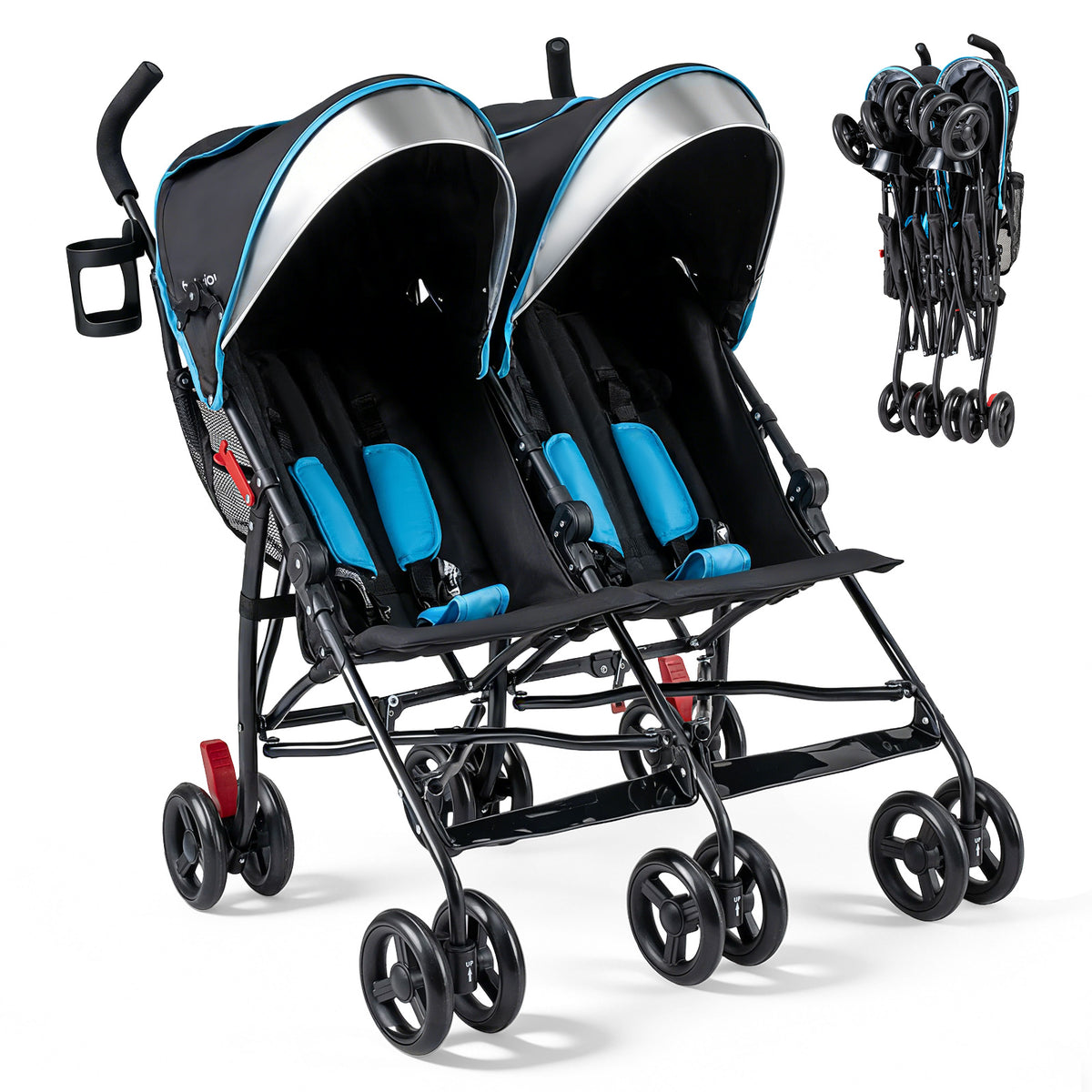 Foldable Twin Baby Double Stroller Ultralight Umbrella Kids Stroller-Navy